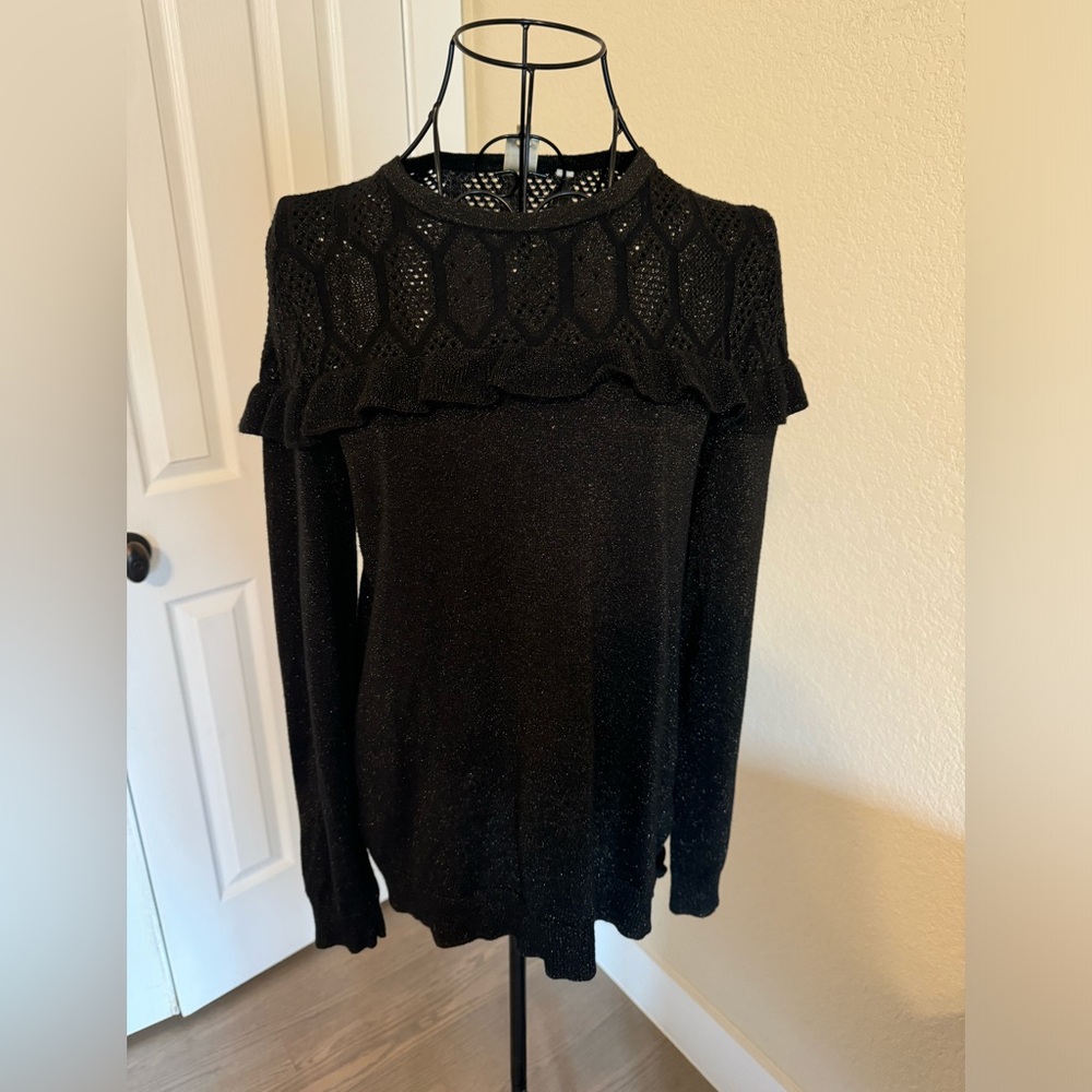Seen Worn Kept Anthropologie, SIZE S Black Eyelet Ruffle Sweater Gold Thread